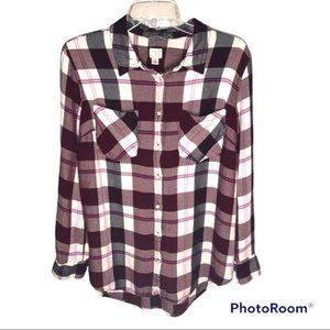 A New Day woman’s  button down long sleeve shirt XL front pockets purple white